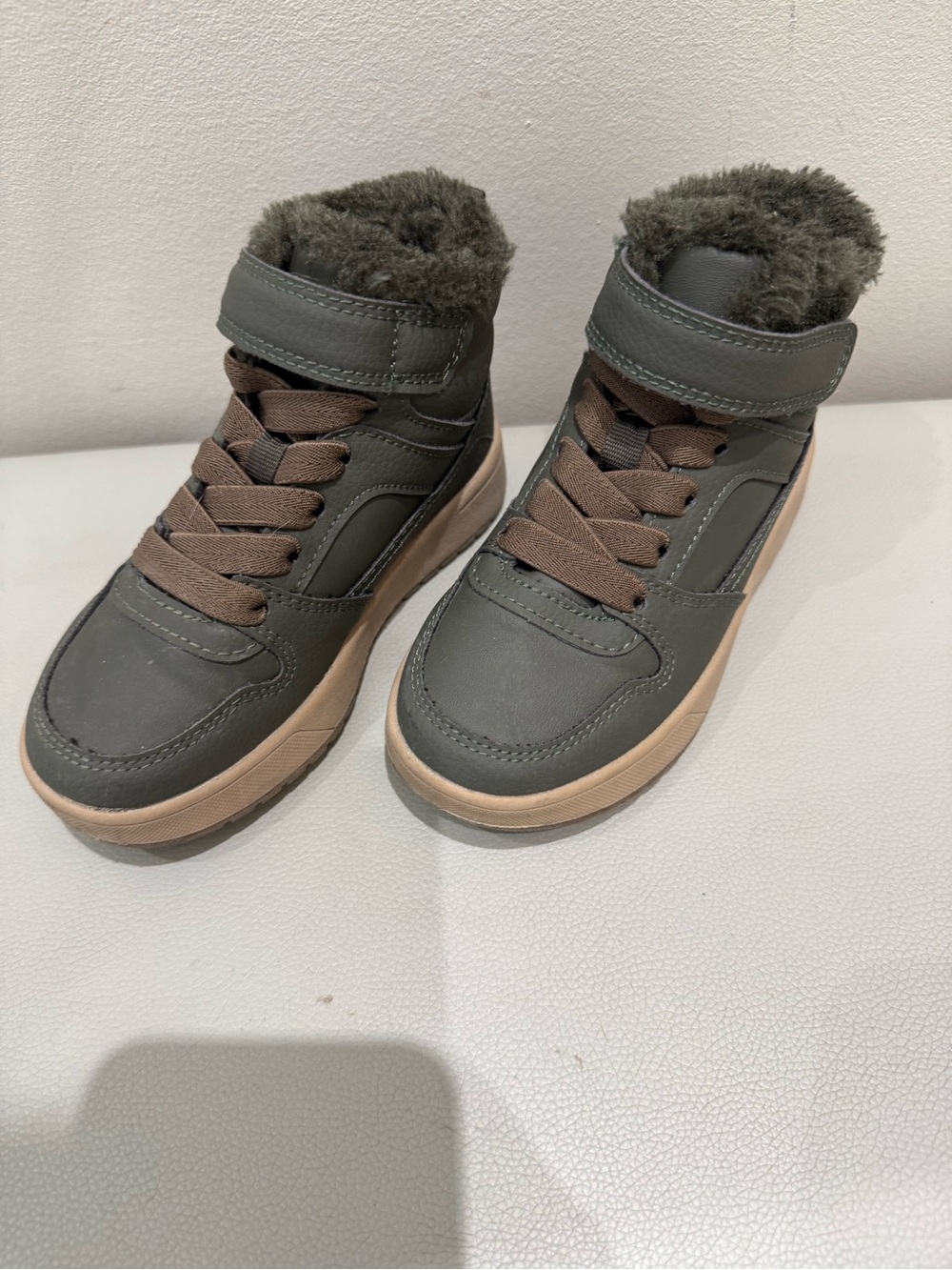 H&M Kids Faux-Fur High-Top Boots in Olive with Tan Sole